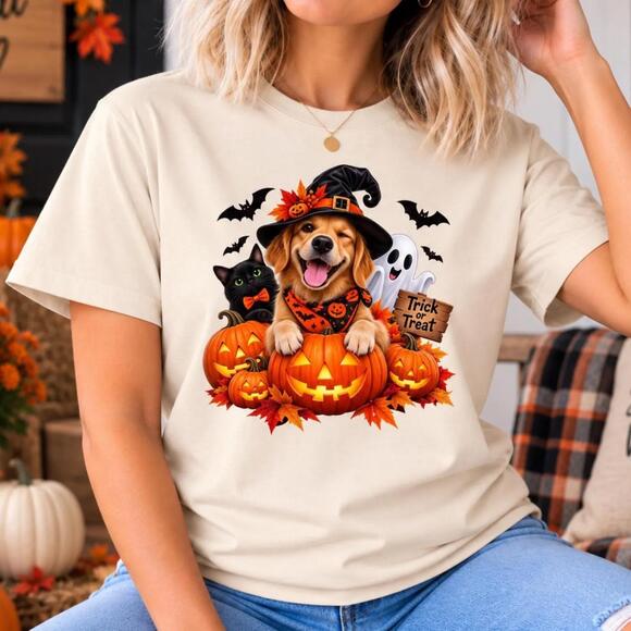 Other - Halloween Graphic Tee Cute Dog And Pumpkin Shirt, Soft Cotton Halloween Shirt